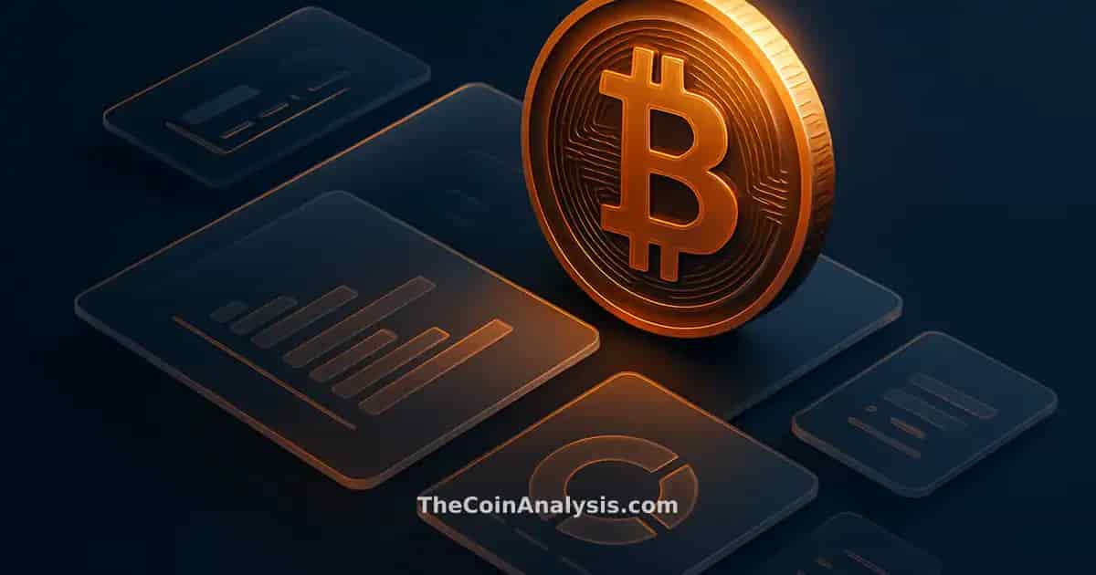 Stylized Bitcoin coin with golden rim floating over deep navy background, surrounded by holographic amber data panels.