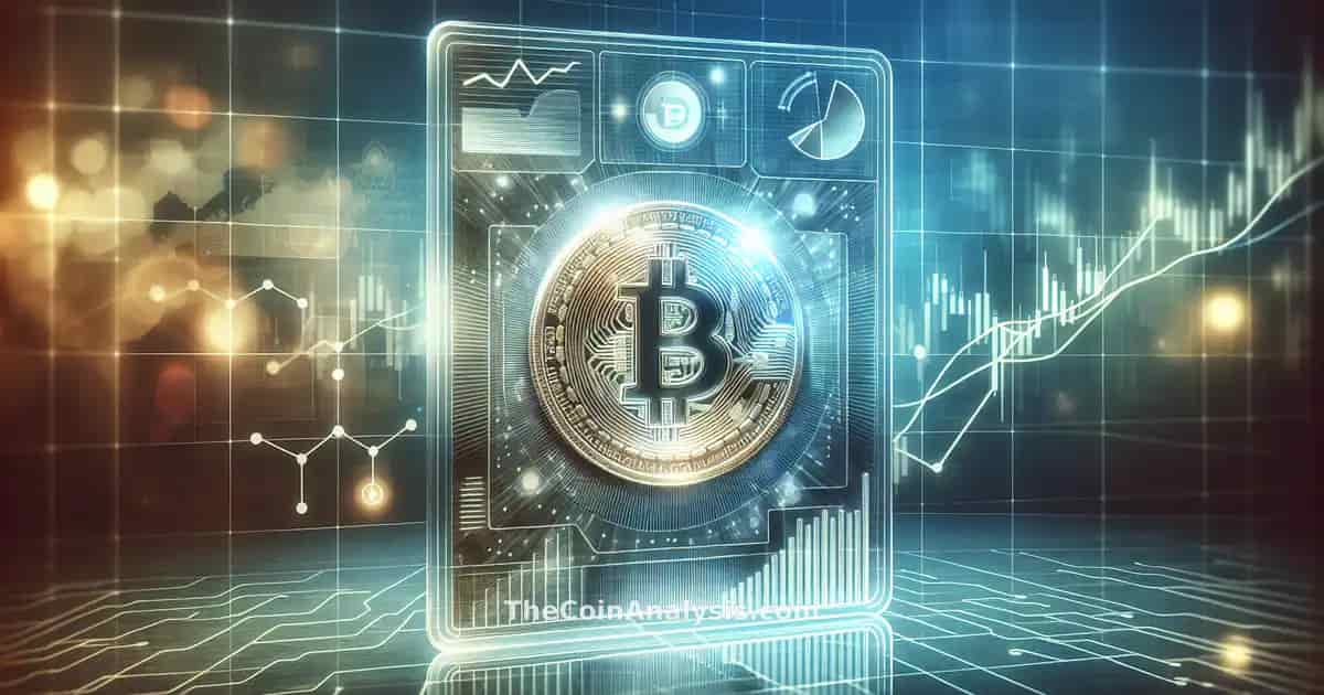 Glowing Bitcoin coin with digital charts and dynamic market lines on a blurred modern glassmorphism card background