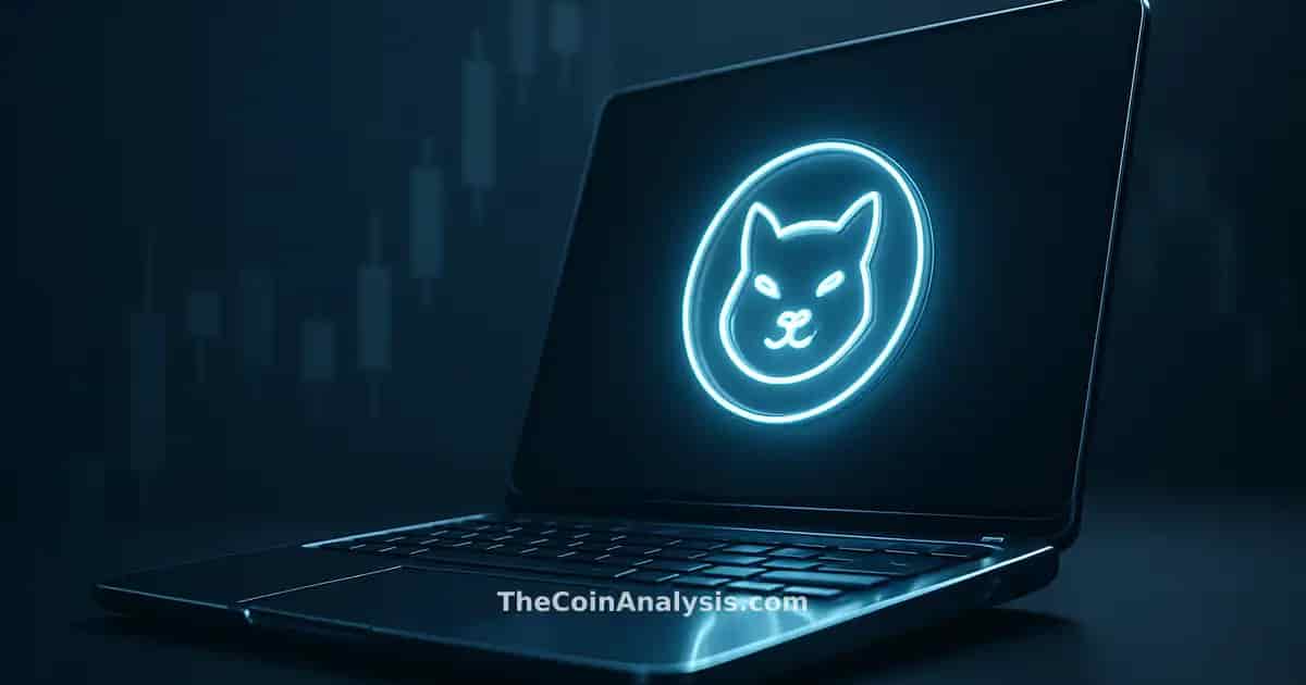 Glossy 3D laptop with glowing memecoin symbol on screen, set against stylized market candle silhouettes.