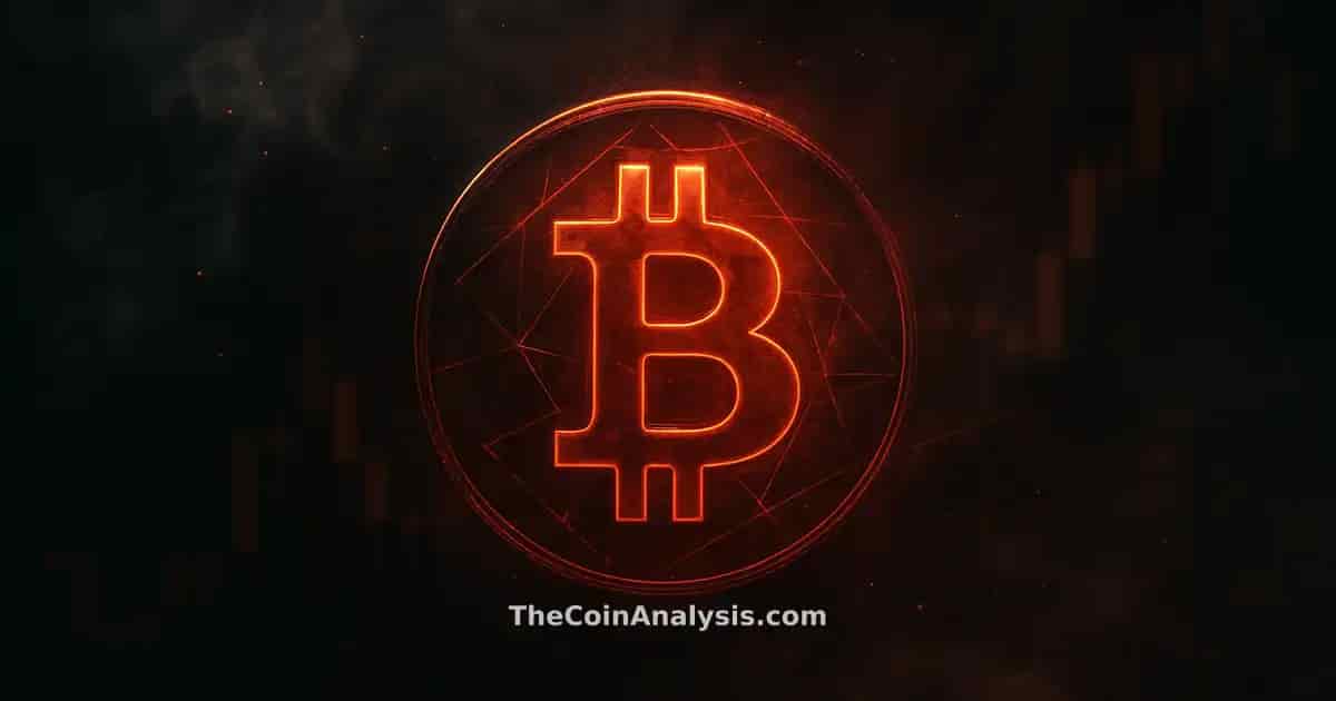 Luminous stylized Bitcoin token glowing amid smoky crimson charcoal background with faint abstract market candles