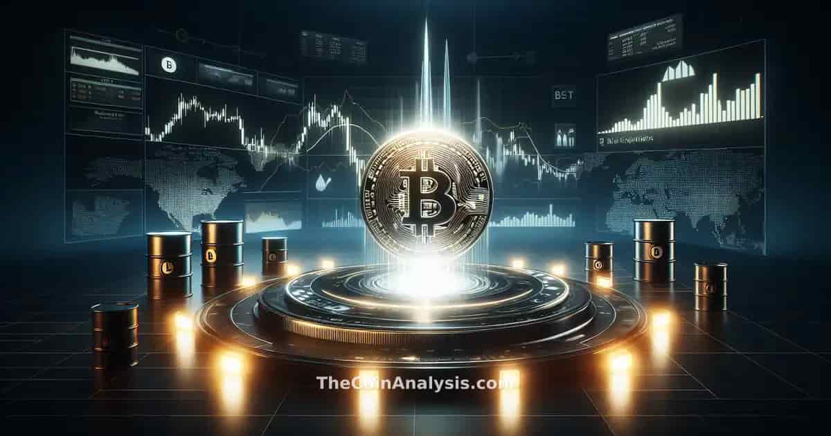 Glowing Bitcoin coin rising above fluctuating stock charts and oil barrels with dramatic lighting in news graphic