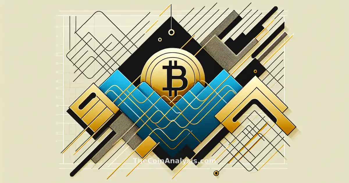 Abstract geometric gold Bitcoin symbol amid black and electric blue waves representing volatility and energy grids