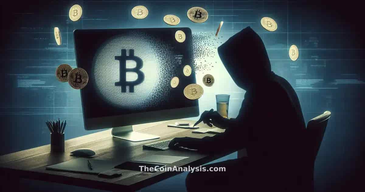 Shadowy figure at computer with Solana logo and vanishing digital coins, conveying urgency and cyber threat.