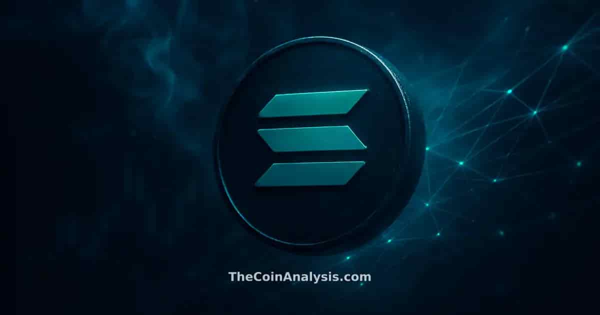 Stylized glowing Solana token glyph with smoke, light particles, and faint market candle silhouettes in deep navy teal tones