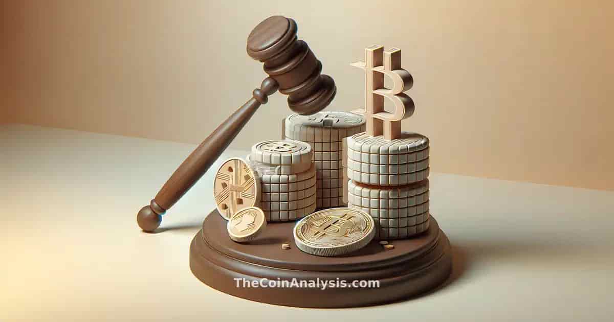 Stylized gavel hovering above abstract golden crypto coins on a clean, light gray background.