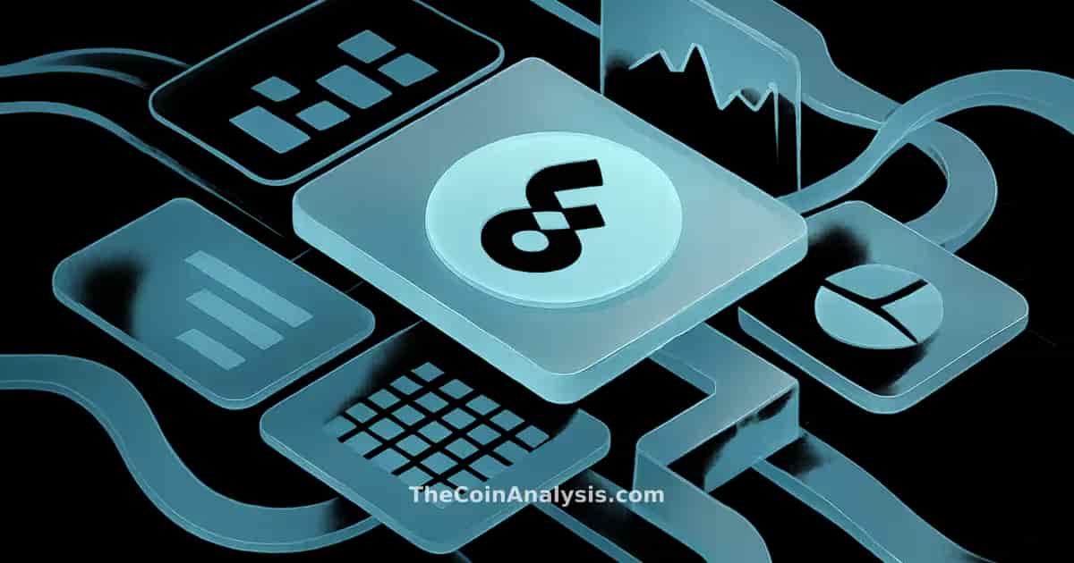 Isometric data visualization with frosted glass panels, holographic accents, and a stylized FLOW symbol center-stage.
