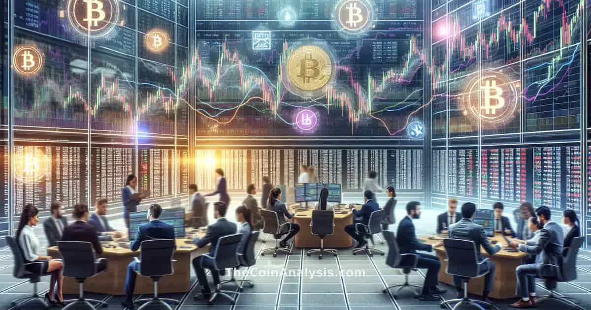 Trading floor with professionals analyzing digital Bitcoin ETF charts and glowing Bitcoin symbols in photorealistic style