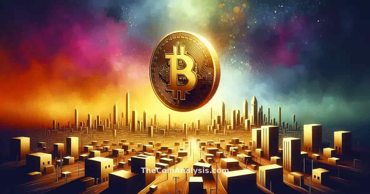 Golden Bitcoin rising above a dark, shadowy Middle Eastern city skyline under a tense, cloudy sky.