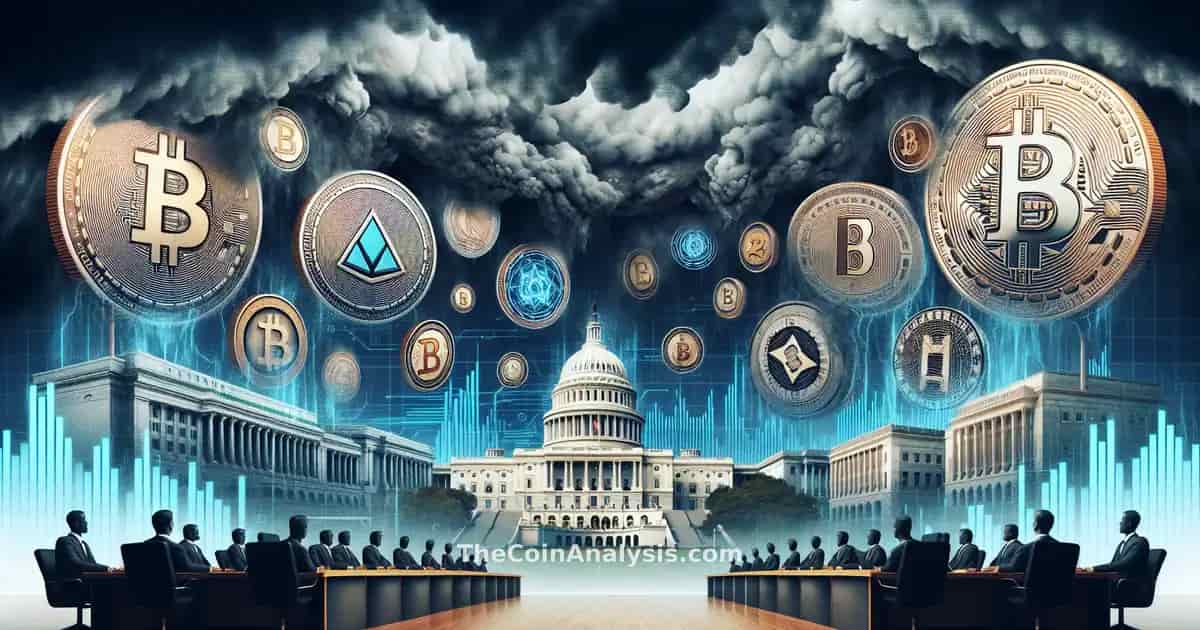 Stormy clouds looming over digital coins and government buildings with lightning, symbolizing crypto regulation challenges