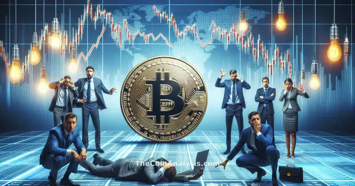 Bitcoin coin overlayed with a sharp downward stock chart and anxious traders blurred in the background