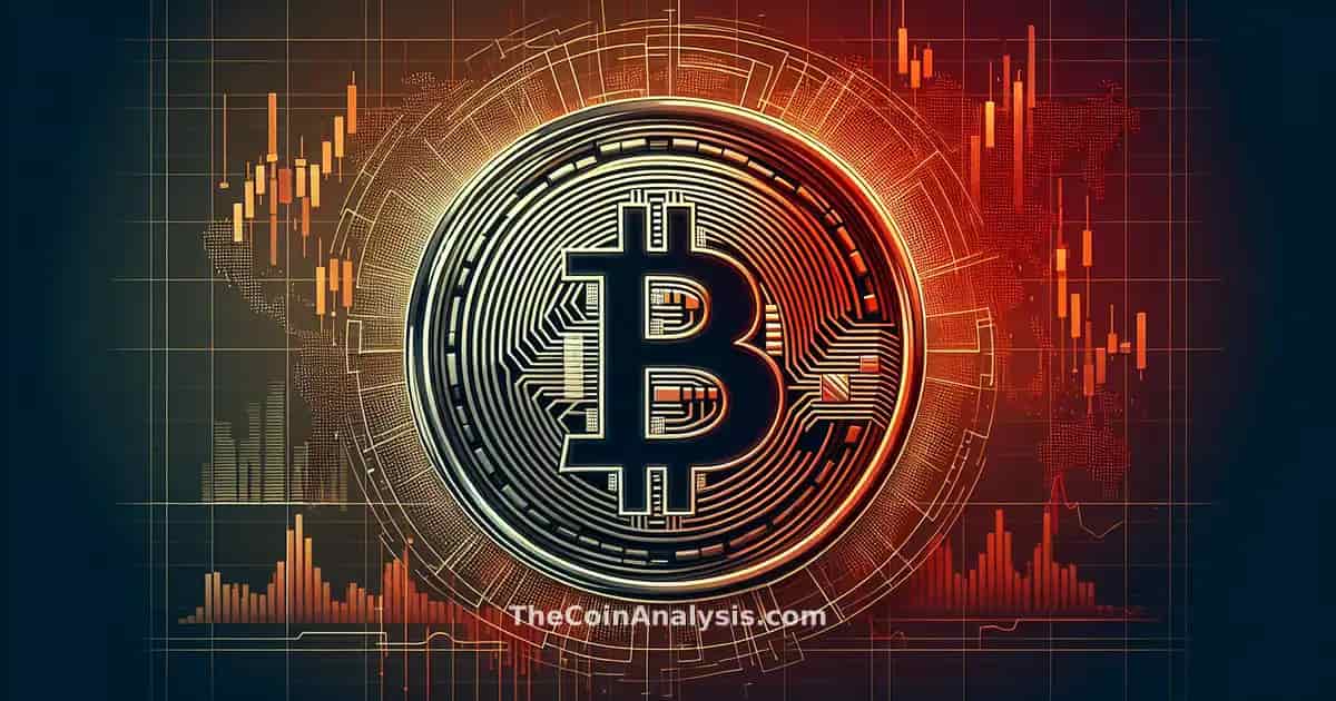 Stylized Bitcoin coin overlaid on fluctuating global financial charts with bold colors depicting market volatility