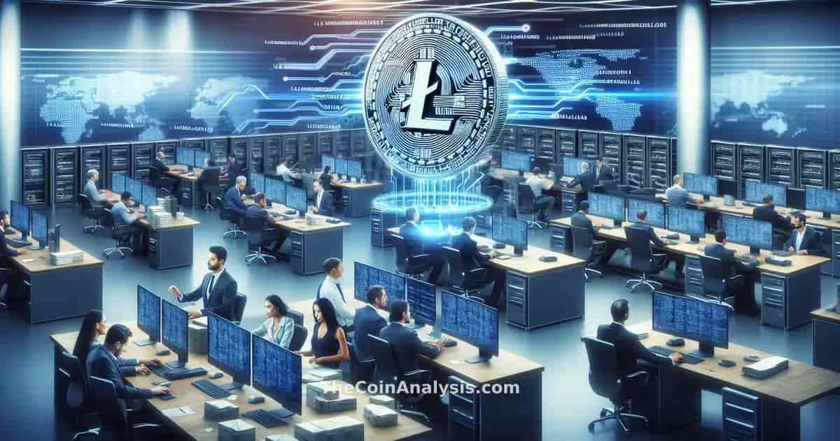 Digital Litecoin coin overlaid with urgent red graphics, blockchain code, and server racks in a newsroom setting.