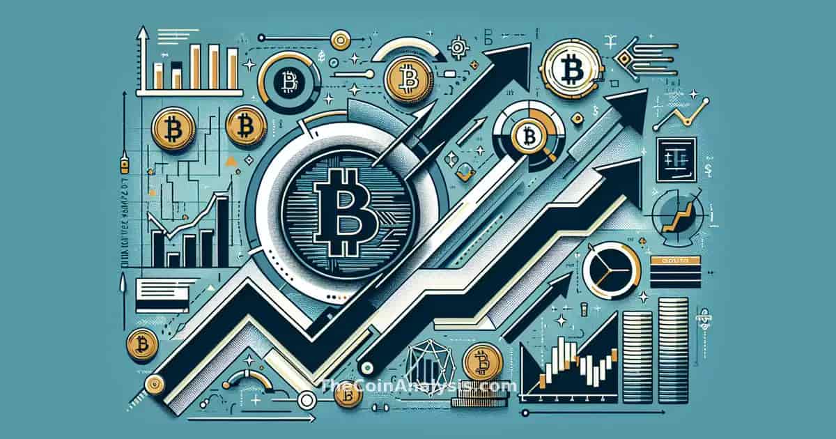 Digital infographic showing Bitcoin coin rising above dynamic charts, upward arrows, and financial data elements.