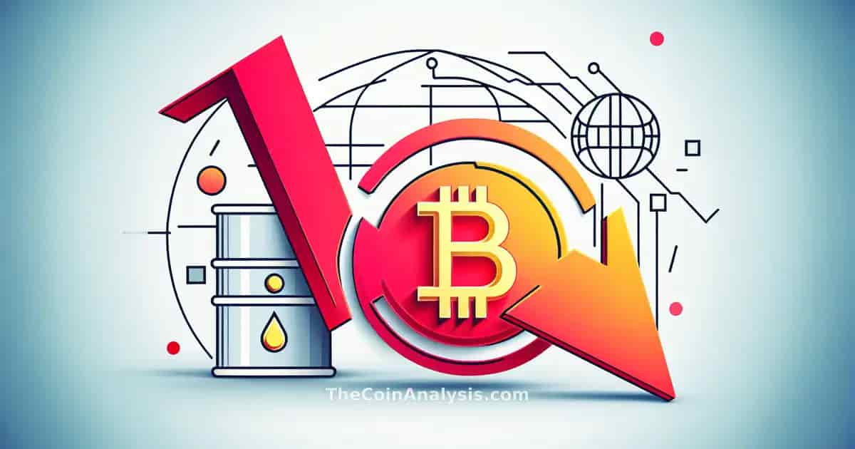 Minimalist Bitcoin coin icon descending with red downward arrow, faint oil barrel and globe outlines on white background