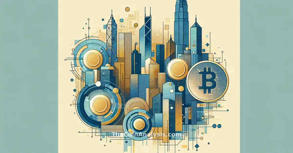 Abstract digital coins overlaying Hong Kong skyline in blue and gold tones with geometric shapes and modern style