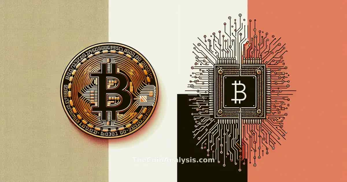 Stylized gold Bitcoin dissolving into digital code facing a large abstract quantum chip on dark background