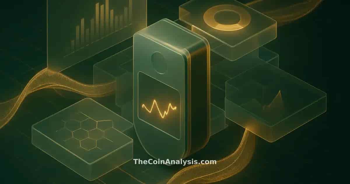 Stylized hardware wallet surrounded by translucent blocks and hex grid with flowing data ribbons in green and gold tones