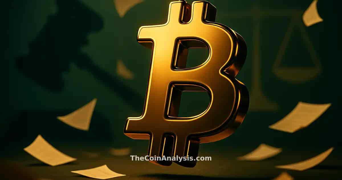 3D glossy Bitcoin symbol with abstract gavel and scales of justice, floating documents, dark green and gold tones