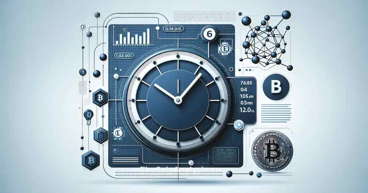 Digital infographic showing a Bitcoin coin, quantum computer symbols, and a digital countdown clock with network nodes.