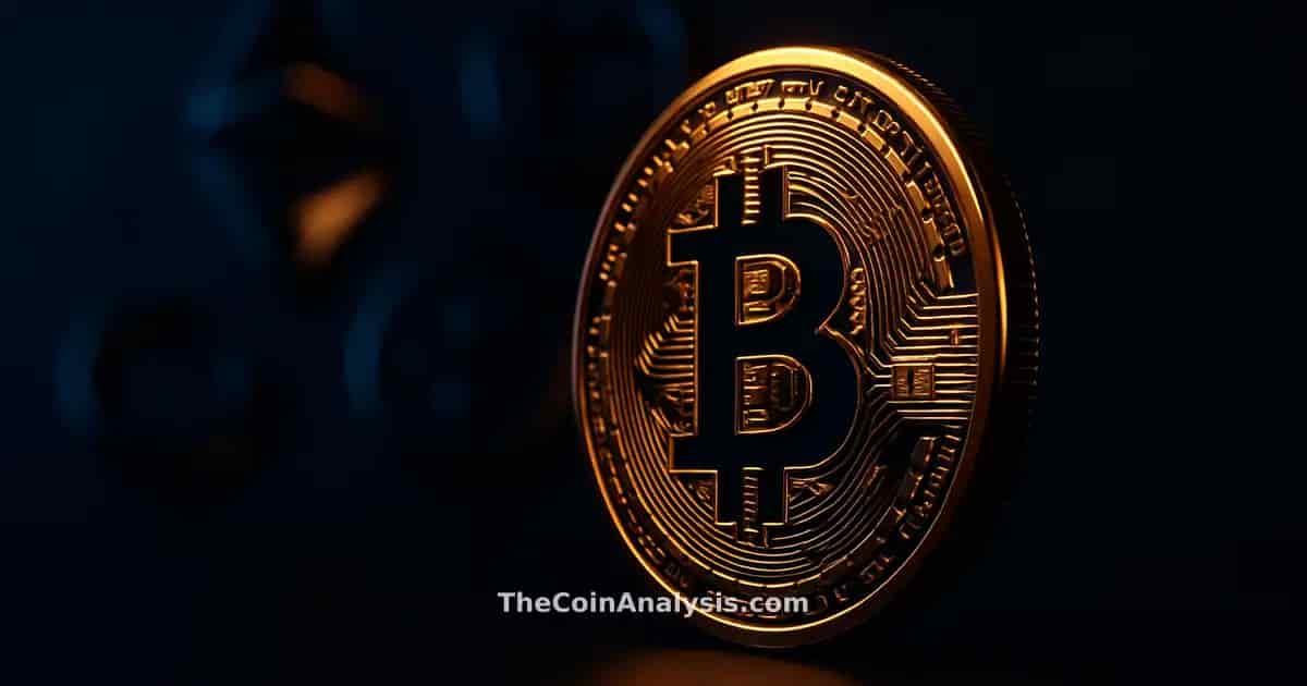 3D glossy Bitcoin coin with glowing golden rim light against deep navy background and abstract crypto shapes