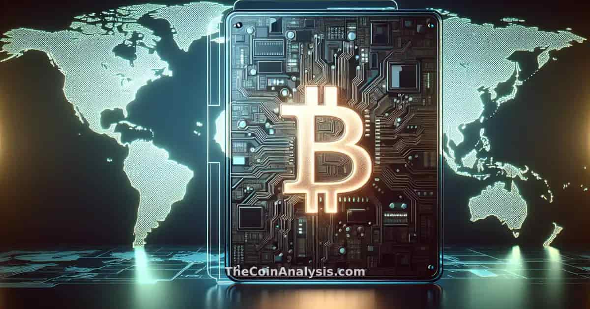 Glassmorphic card with glowing Bitcoin symbol over stylized Middle East map in tense, modern blue tones