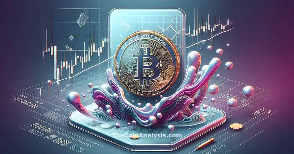 Glassmorphic card with descending Bitcoin coin, bearish red market chart, and abstract flowing liquid shapes on dark background