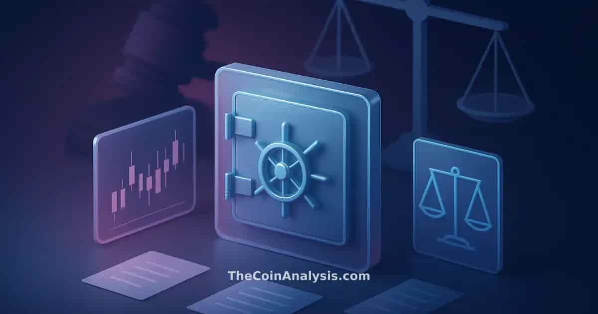 Isometric digital vault with holographic panels, abstract gavel, scales of justice, and scattered document fragments.