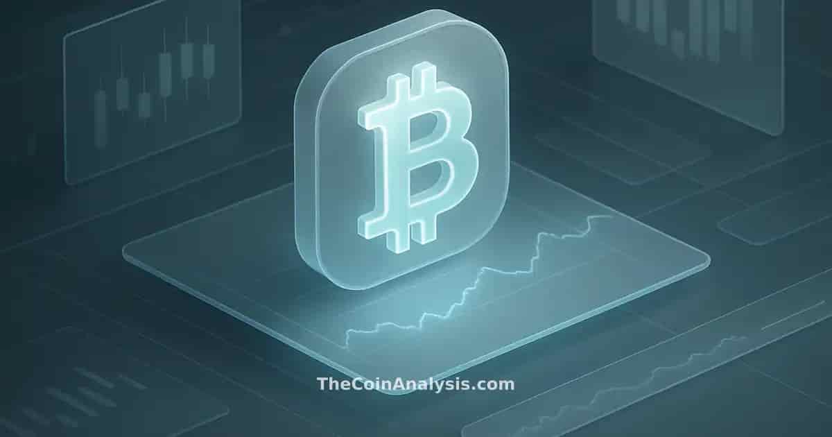 Isometric digital dashboard with luminous Bitcoin symbol, frosted glass panels, candlestick charts, and trading floor elements