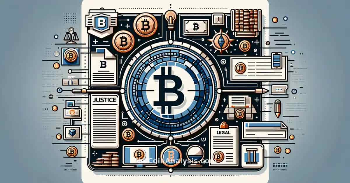 Glassmorphism card featuring Binance and DOJ logos, legal documents, and digital cryptocurrency icons in sleek design