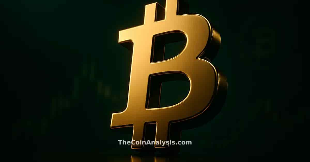 Glossy 3D Bitcoin symbol illuminated by rim light against dark green background with faint market candle silhouettes