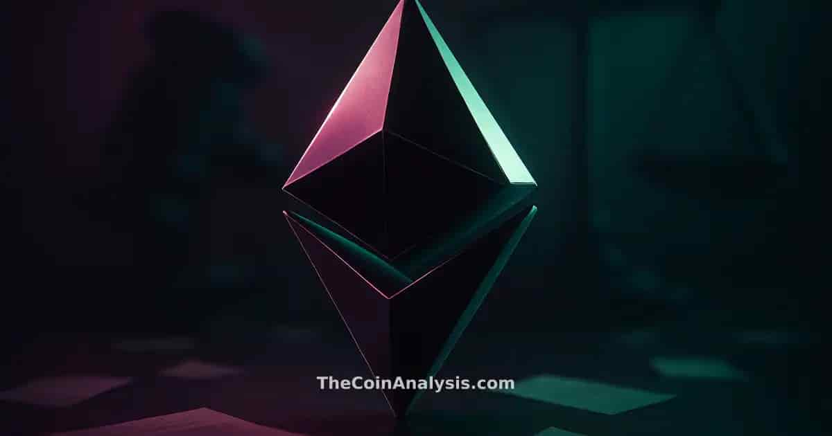 3D glossy Ethereum symbol illuminated by rim light with abstract gavel and scales in dark, moody background