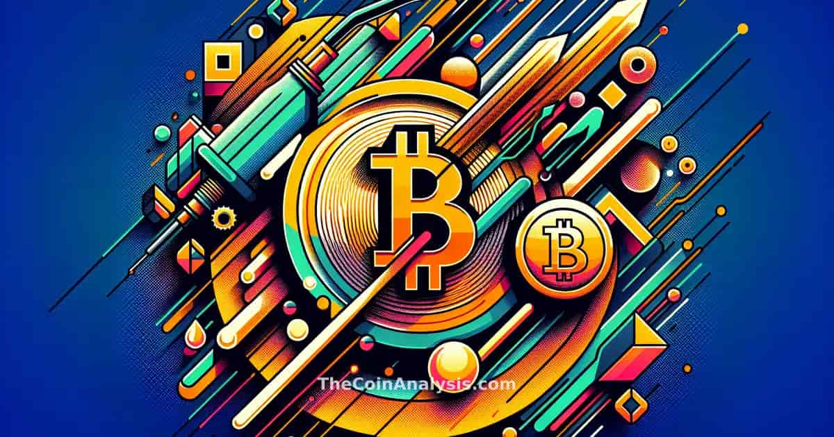 Abstract digital art showing Bitcoin symbol intertwined with oil barrels and jagged market graphs in bold colors