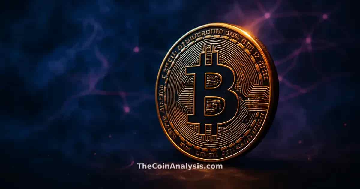 Stylized Bitcoin coin glowing with golden rim light against deep navy backdrop with smoke and glowing network filaments