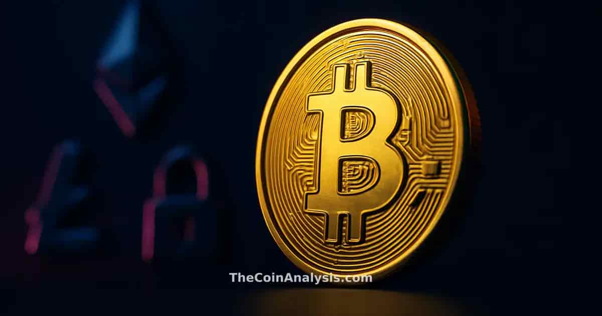 Large golden Bitcoin coin illuminated by dramatic rim light against deep navy background with subtle digital locks.
