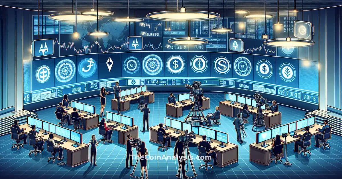 Salle de rédaction animée avec écrans affichant logos Tether et Circle, symboles dollar et graphiques crypto.