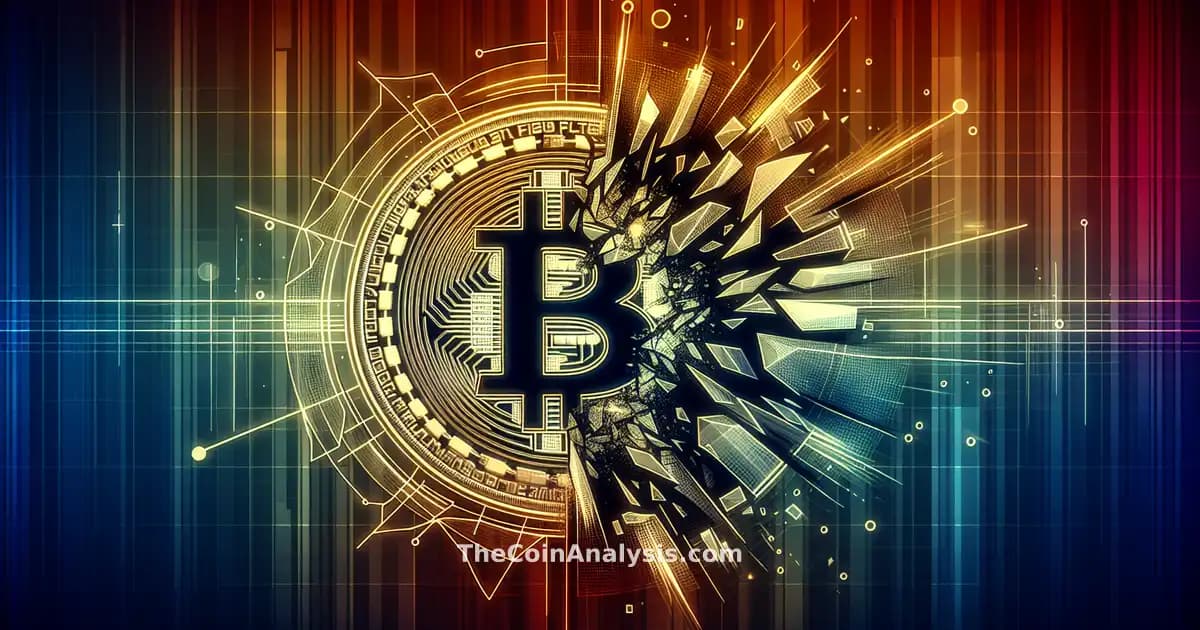 Pièce de Bitcoin éclatant en éclats numériques sur fond dégradé, lignes dynamiques illustrant la volatilité.