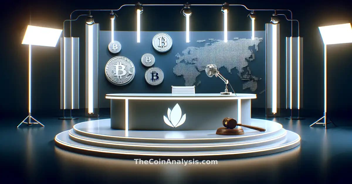 Professional news set with digital crypto coins, a judge's gavel, and Nevada state outline under dramatic lighting