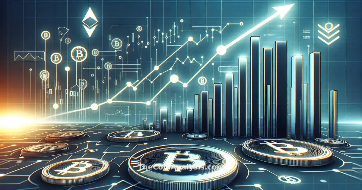 Modern infographic with digital coins, bold upward chart, and red regulatory warning symbol overlaying data lines