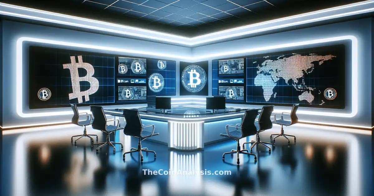 Newsroom set with digital screens showing Bitcoin symbols alongside Binance and Coinbase logos, conveying urgency.