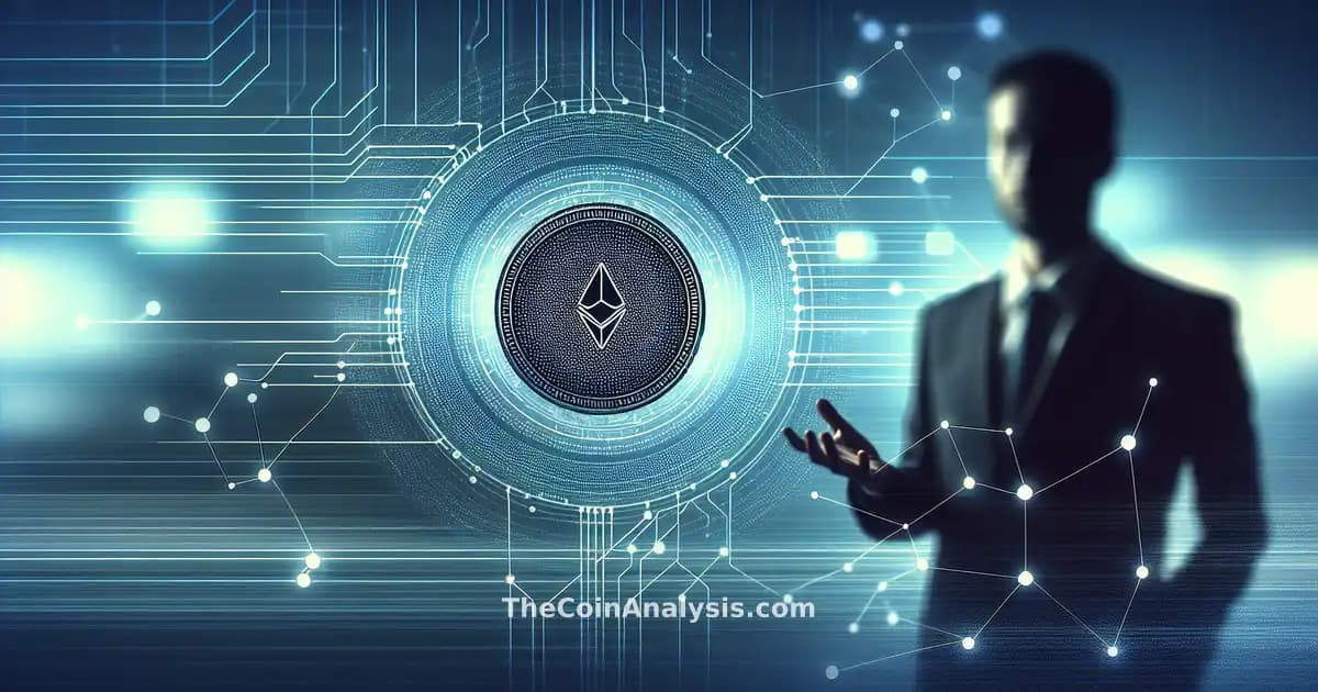 Hacker silhouette over digital Polkadot tokens and abstract network lines on a corporate tech gradient background