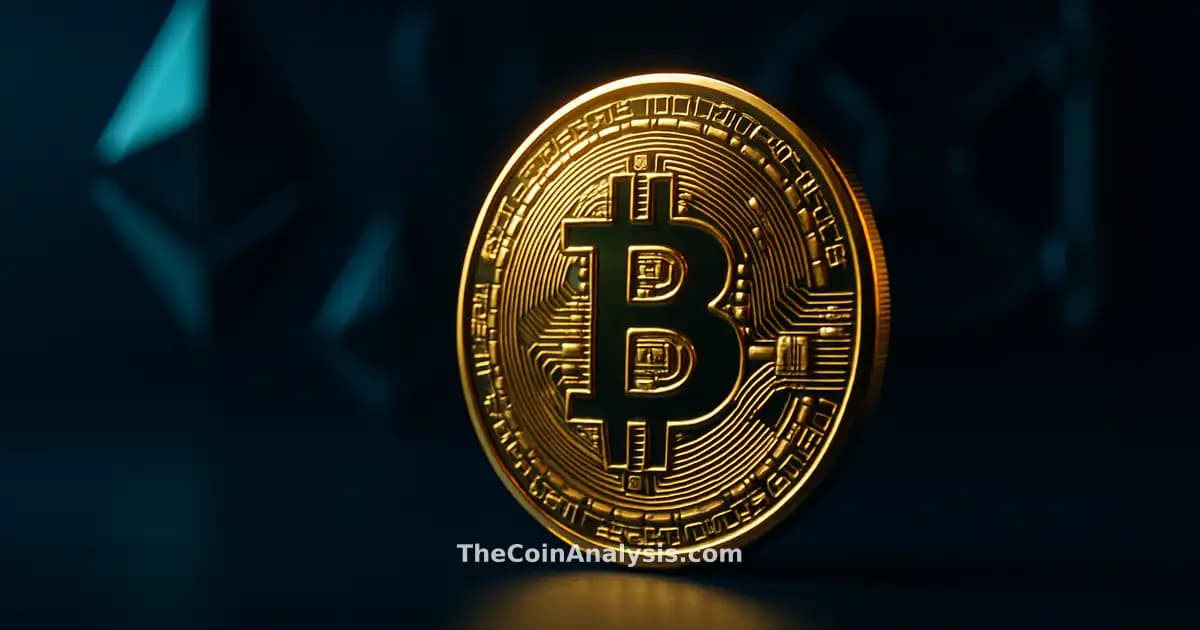 Pièce Bitcoin dorée brillante en gros plan avec symboles Ethereum et coffre-fort numérique flous en arrière-plan.