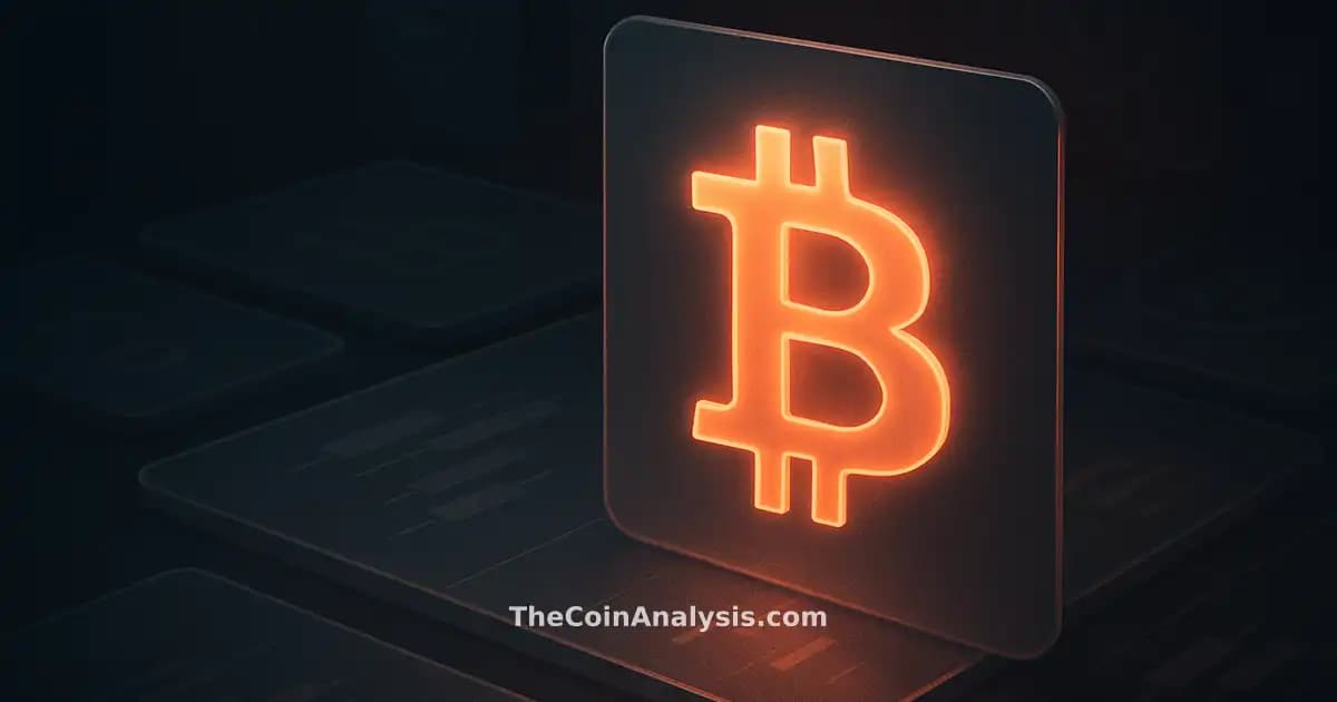 Illustration isométrique de panneaux en verre givré flottants avec symbole Bitcoin lumineux et graphiques de marché abstraits.