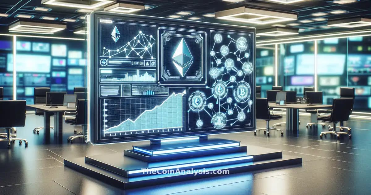 Digital dashboard displaying Ethereum logos, rising graphs, connected network nodes, and quantum computing icons in newsroom.