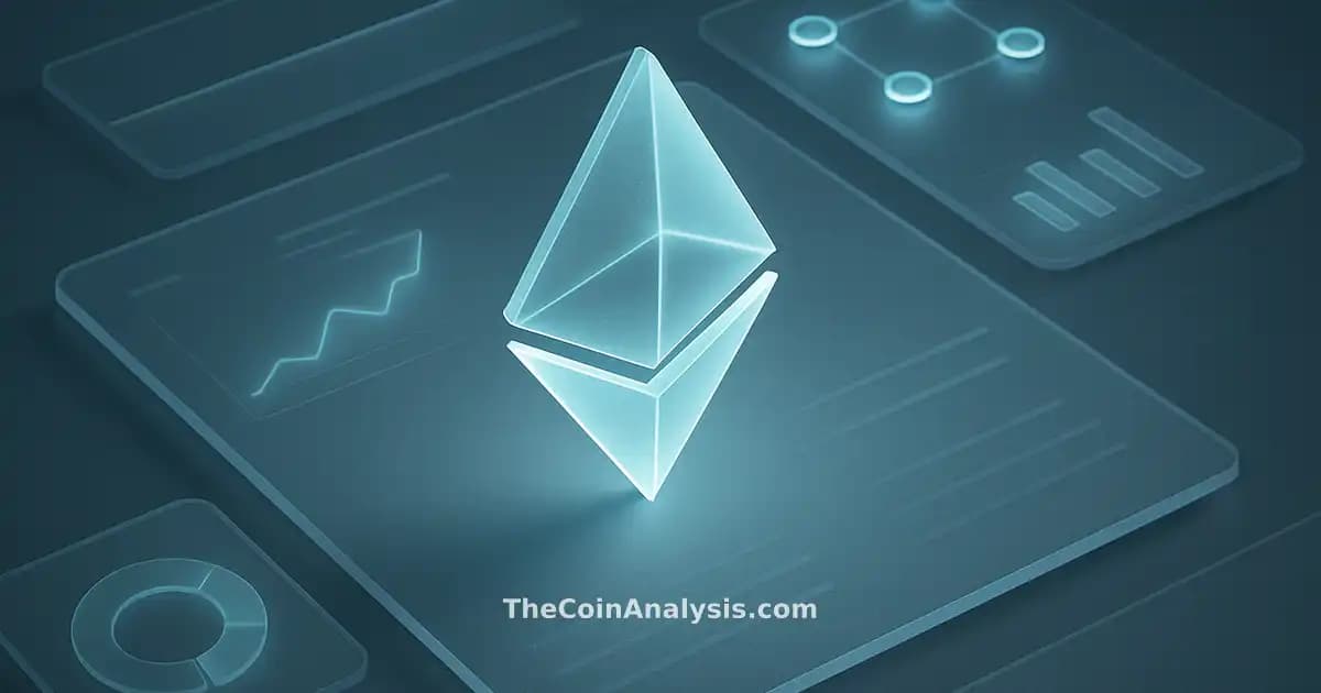 Isometric Ethereum diamond in frosted blue glass surrounded by glowing staking nodes and abstract charts