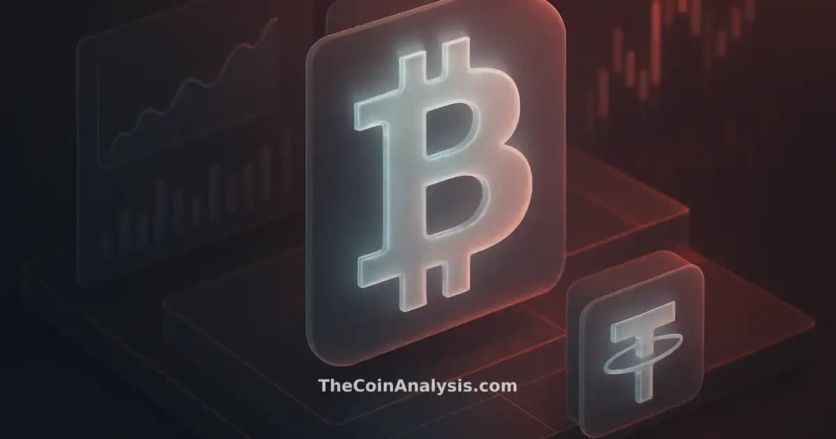 Isometric digital visualization featuring frosted-glass Bitcoin and Tether symbols with holographic market charts.