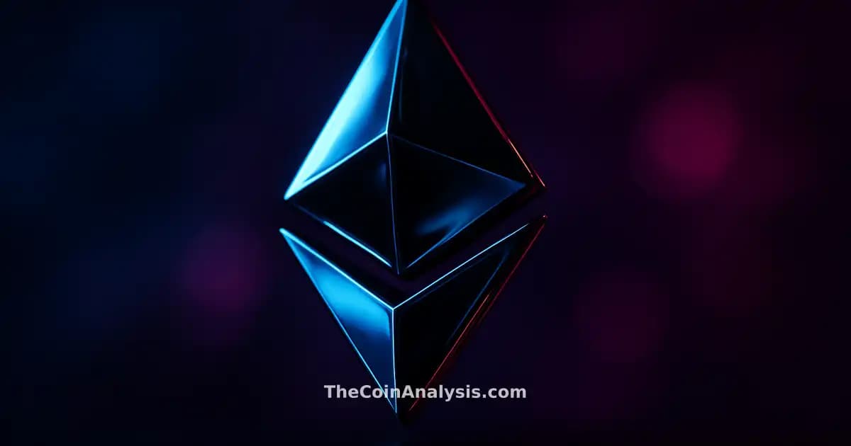 Glyphe Ethereum 3D stylisé brillant bleu et magenta, éclairage dramatique, fond flou bokeh, style magazine fintech premium