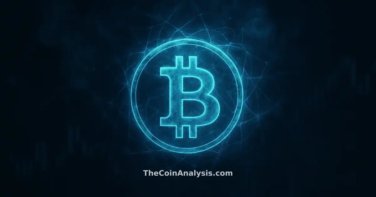 Stylized glowing Bitcoin symbol with network filaments and abstract market candle shapes in deep navy and teal tones