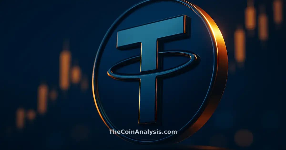 3D glossy Tether token with sharp rim lighting against blurred amber and navy market candle silhouettes background