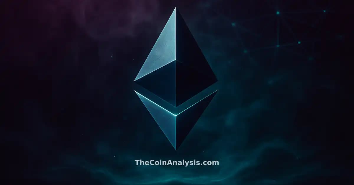 Stylized glowing Ethereum diamond floating above shifting digital currents with smoke and light particles in deep plum and emerald tones