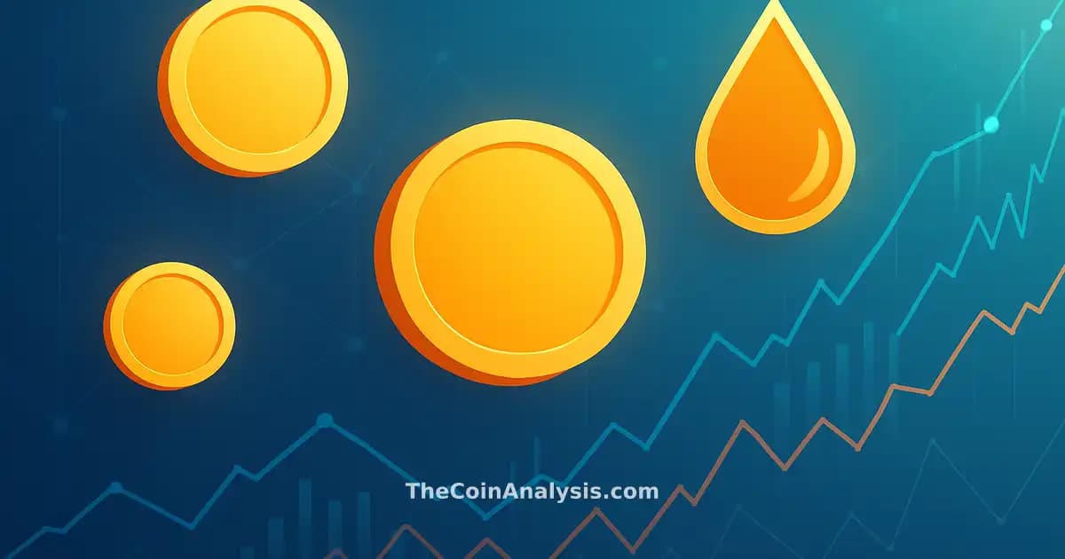 Digital illustration of abstract coins, oil drops, and dynamic charts connected by network lines on tech background